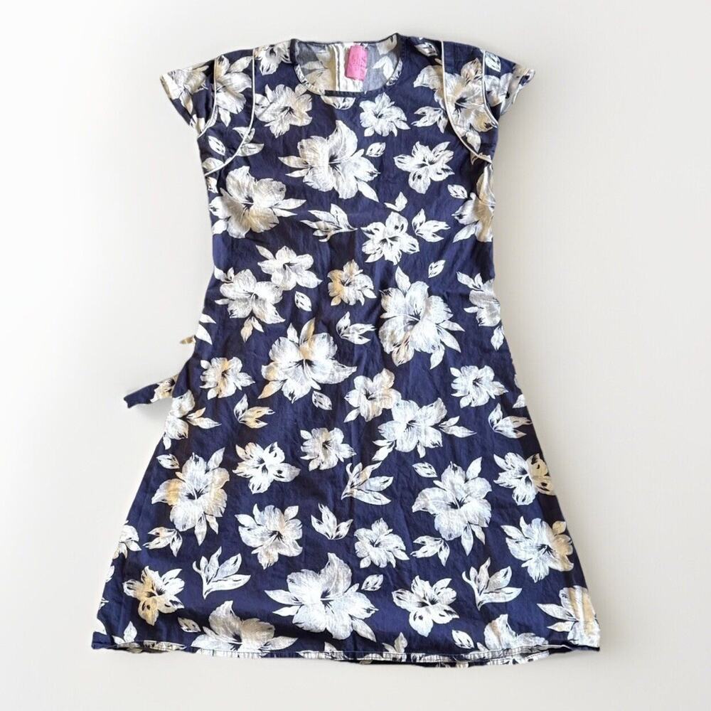 Kawaii Floral Shift Dress 36 S Navy Resort Resortwear Hawaiian Tie Cocktail 60s‎